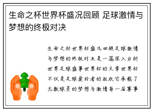 生命之杯世界杯盛况回顾 足球激情与梦想的终极对决