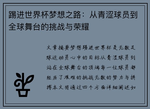 踢进世界杯梦想之路：从青涩球员到全球舞台的挑战与荣耀